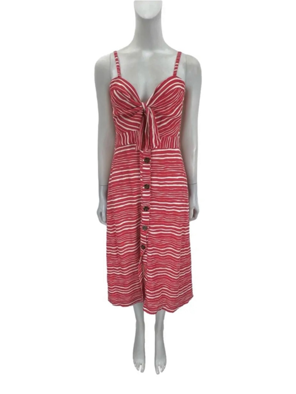 Red Striped Tie-Front Midi Dress with Button Front